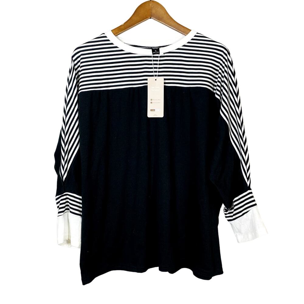 NEW! Emery Rose 3/4 Sleeve Tunic Pullover Stripe Sleeve Loose Fit Casual - XL